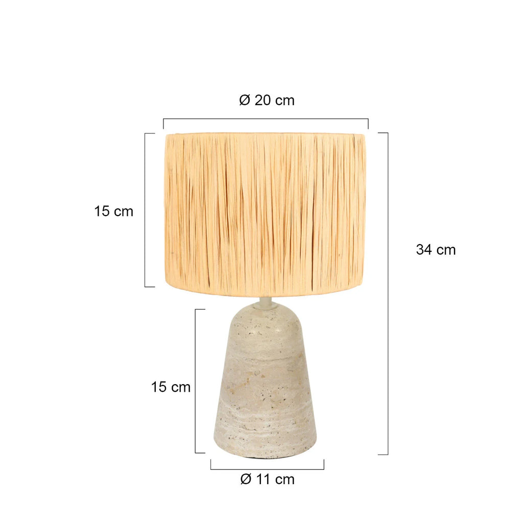 Lampe de table beige en travertin texturé et paille naturelle, H34 cm