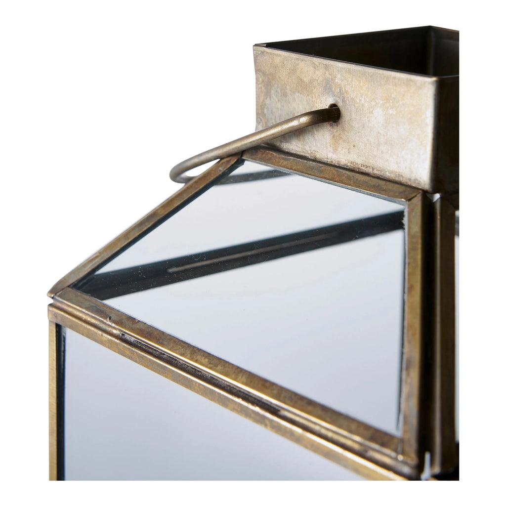 Lanterne en métal doré vieilli avec verre transparent, hauteur 35 cm