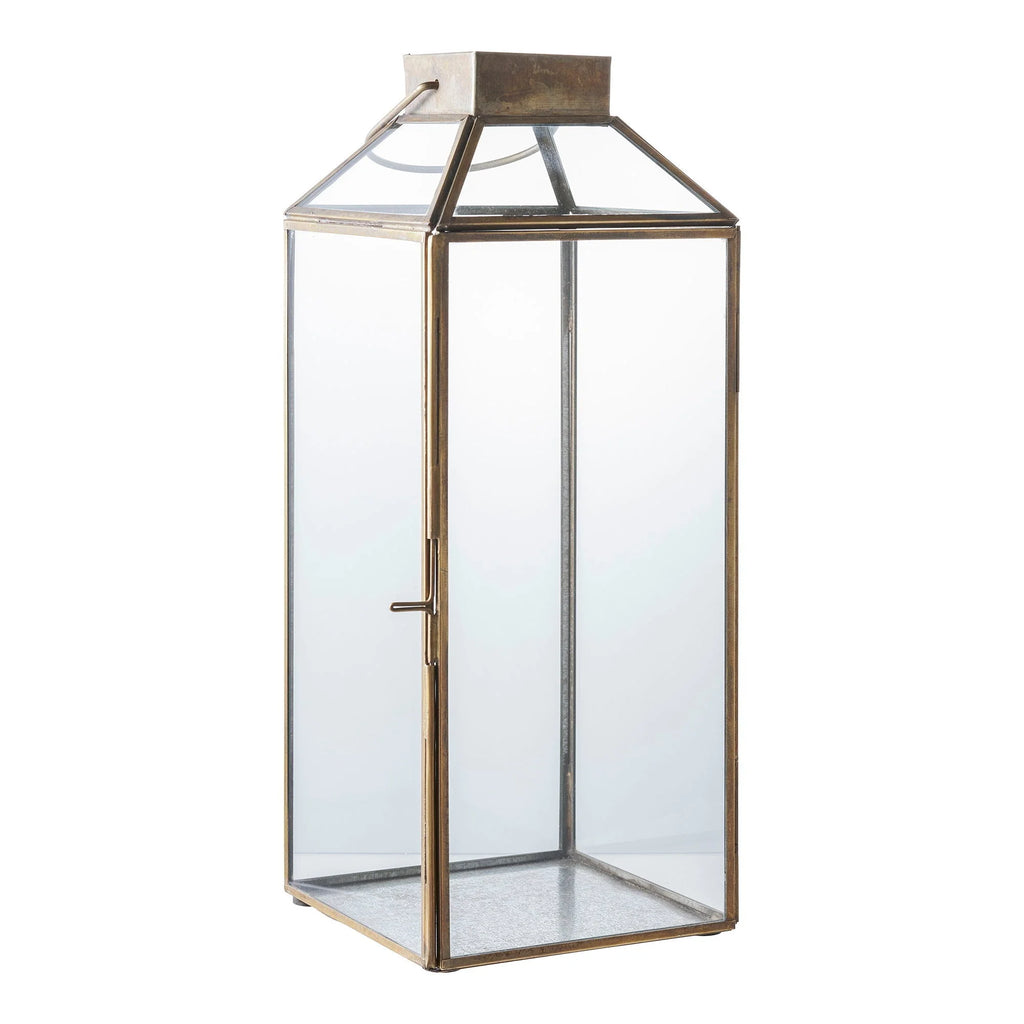 Lanterne en métal doré vieilli avec verre transparent, H35 cm