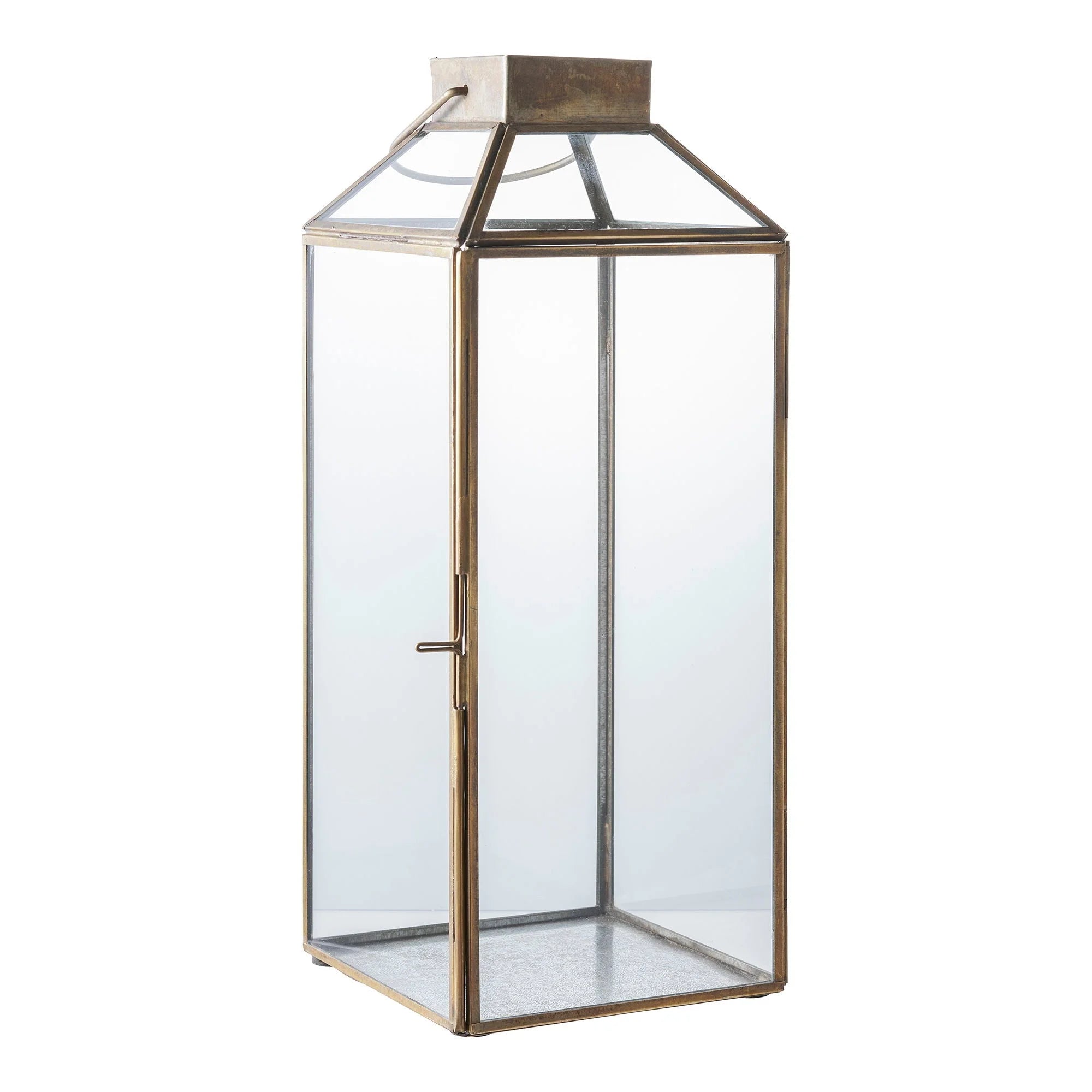 Lanterne en métal doré vieilli avec verre transparent, H35 cm