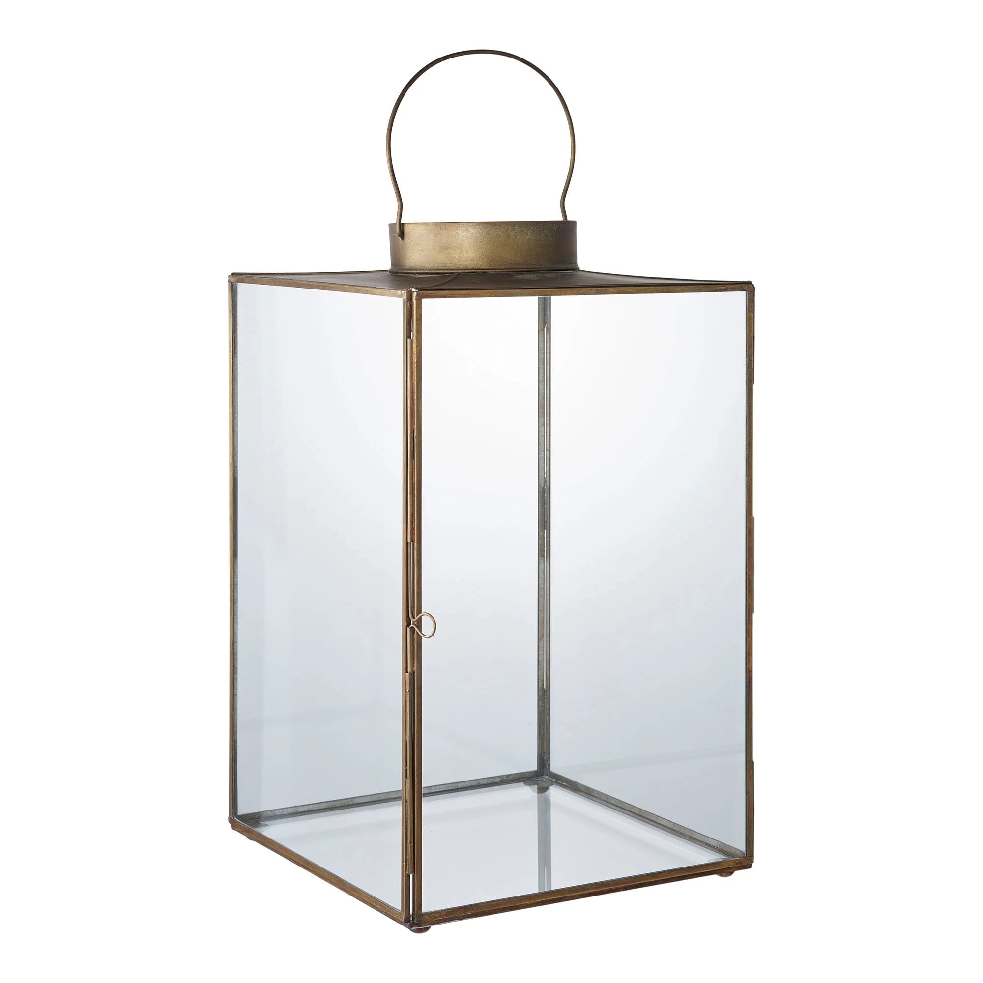 Lanterne en laiton vieilli et verre transparent avec anse, H42 cm
