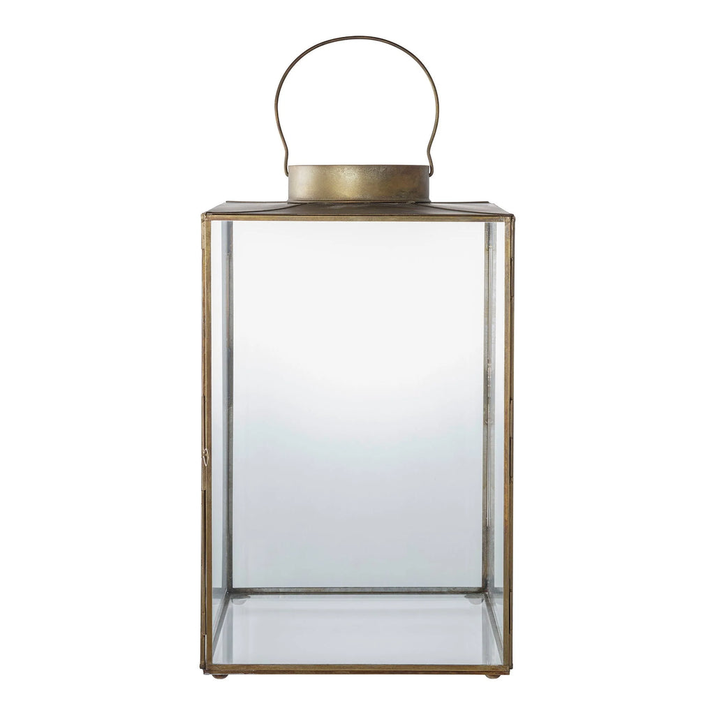 Lanterne rectangulaire en laiton vieilli et verre transparent avec anse, H42 cm
