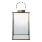 Lanterne rectangulaire en laiton vieilli et verre transparent avec anse, H42 cm