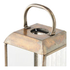 Lanterne en métal vieilli laitonné avec anse arquée et verre clair, H49 cm