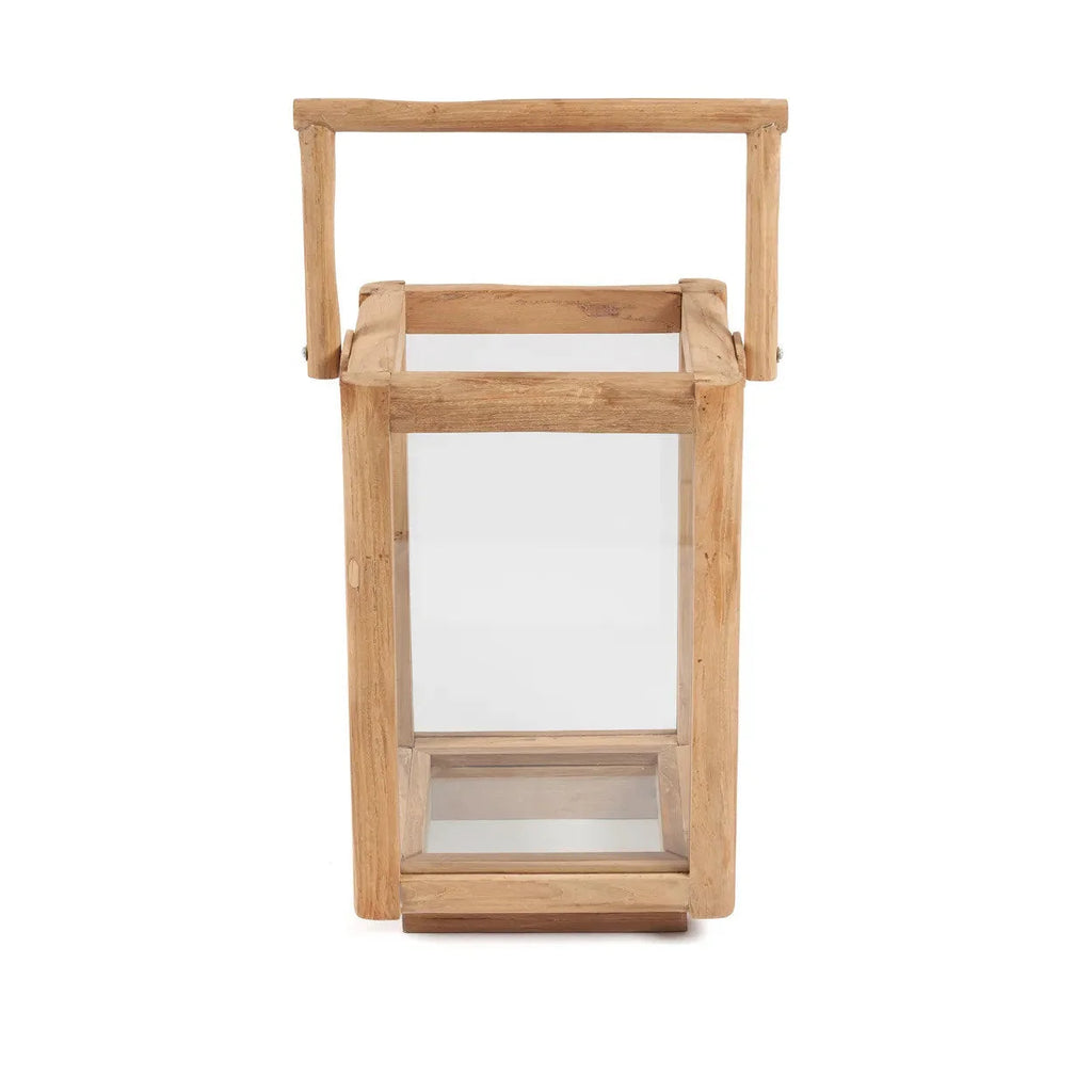 Lanterne rectangulaire en bois de teck recyclé naturel avec poignée – H43 cm