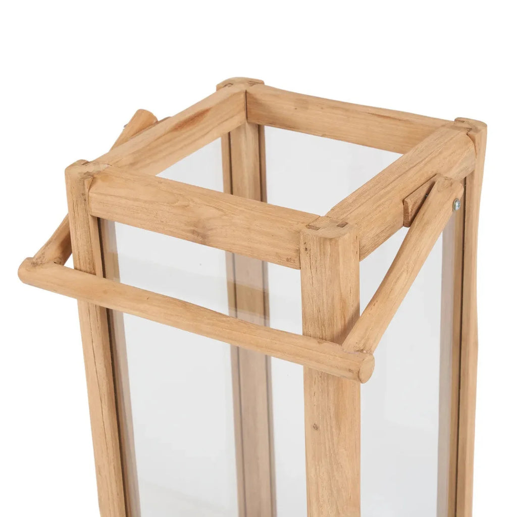 Lanterne rectangulaire en bois de teck recyclé avec poignée – H60 cm