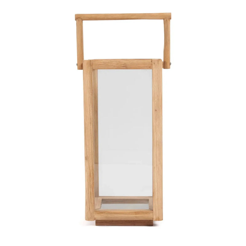 Lanterne rectangulaire en bois de teck recyclé avec poignée – H60 cm