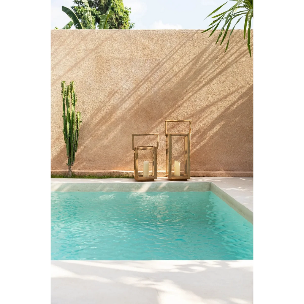 Lanterne rectangulaire en bois de teck recyclé avec poignée – H60 cm