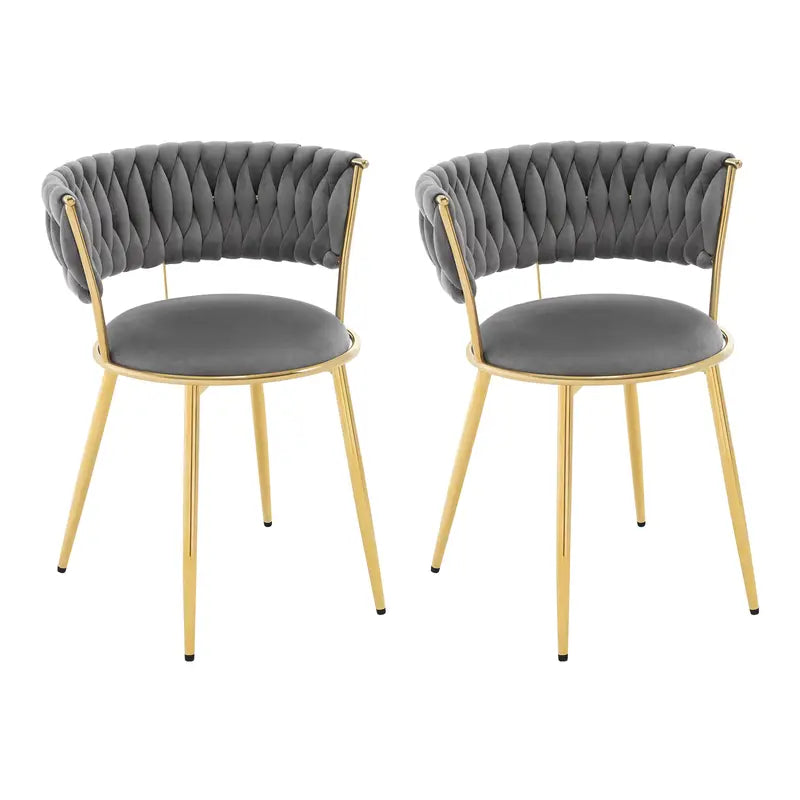 Lot de 2 chaises en velours gris avec pieds dorés sur fond blanc
