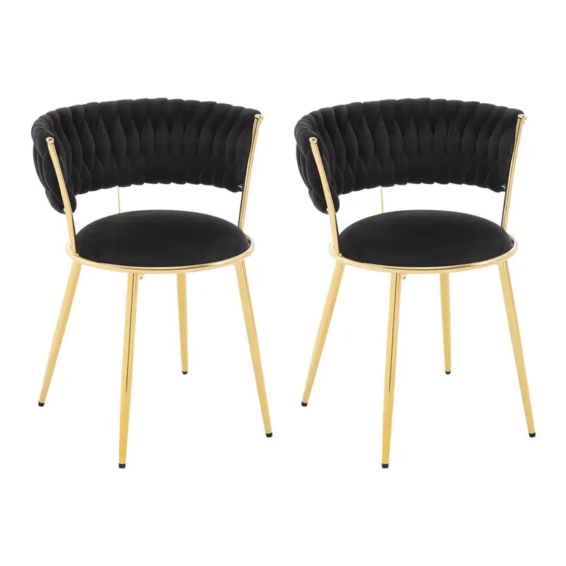 Lot de 2 chaises en velours noir avec pieds dorés sur fond blanc