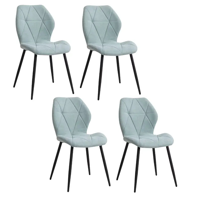 Lot de 4 chaises en tissu bleu avec piètement noir, idéales pour une salle à manger moderne.
