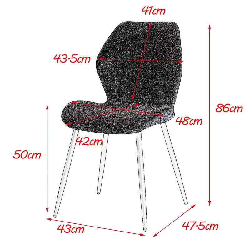 Schéma des dimensions des chaises en tissu avec pieds en métal noir.