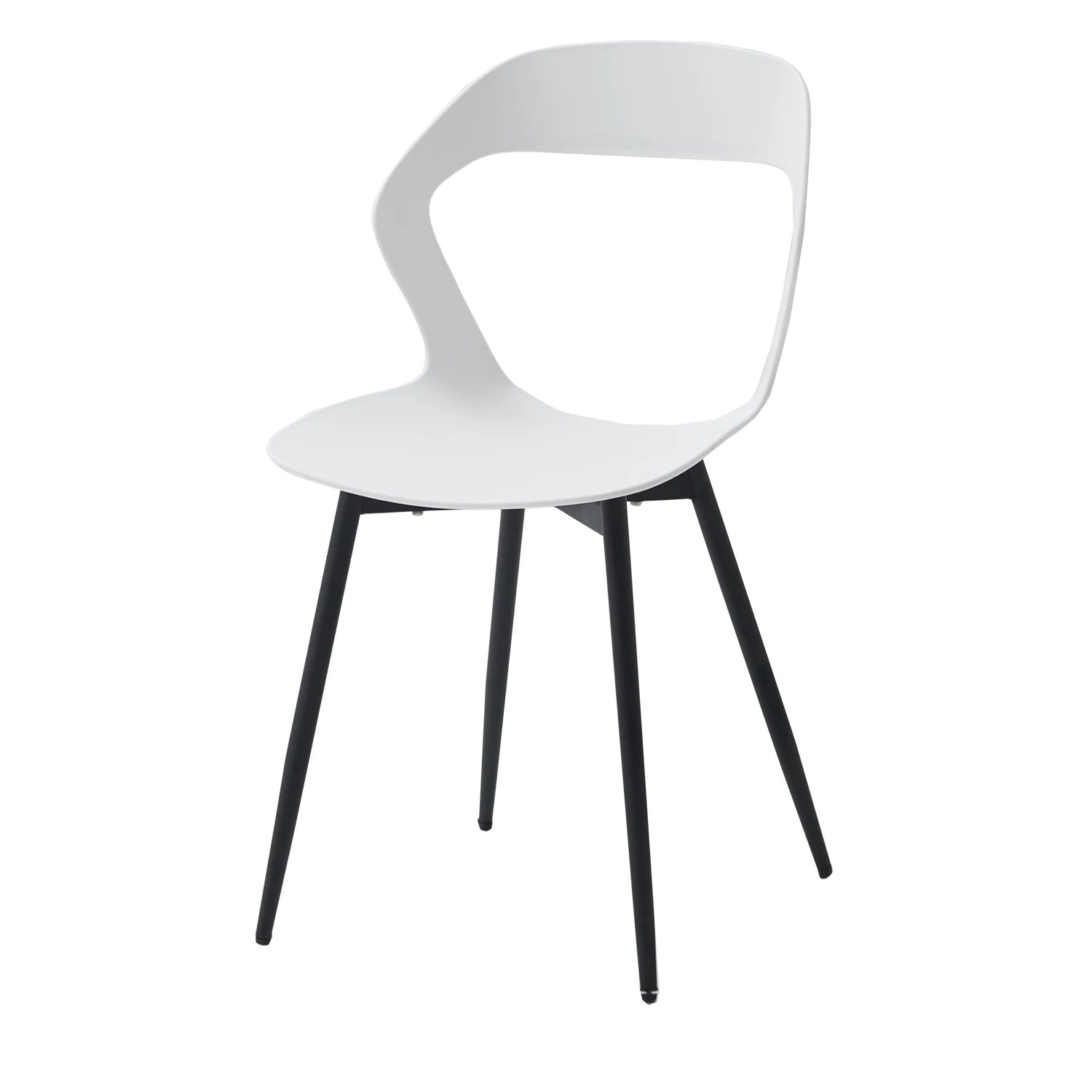 Profil d’une chaise contemporaine blanche avec pieds noirs, idéale pour salle à manger ou bureau.
