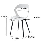 Schéma avec dimensions d’une chaise contemporaine blanche, hauteur et largeur indiquées.