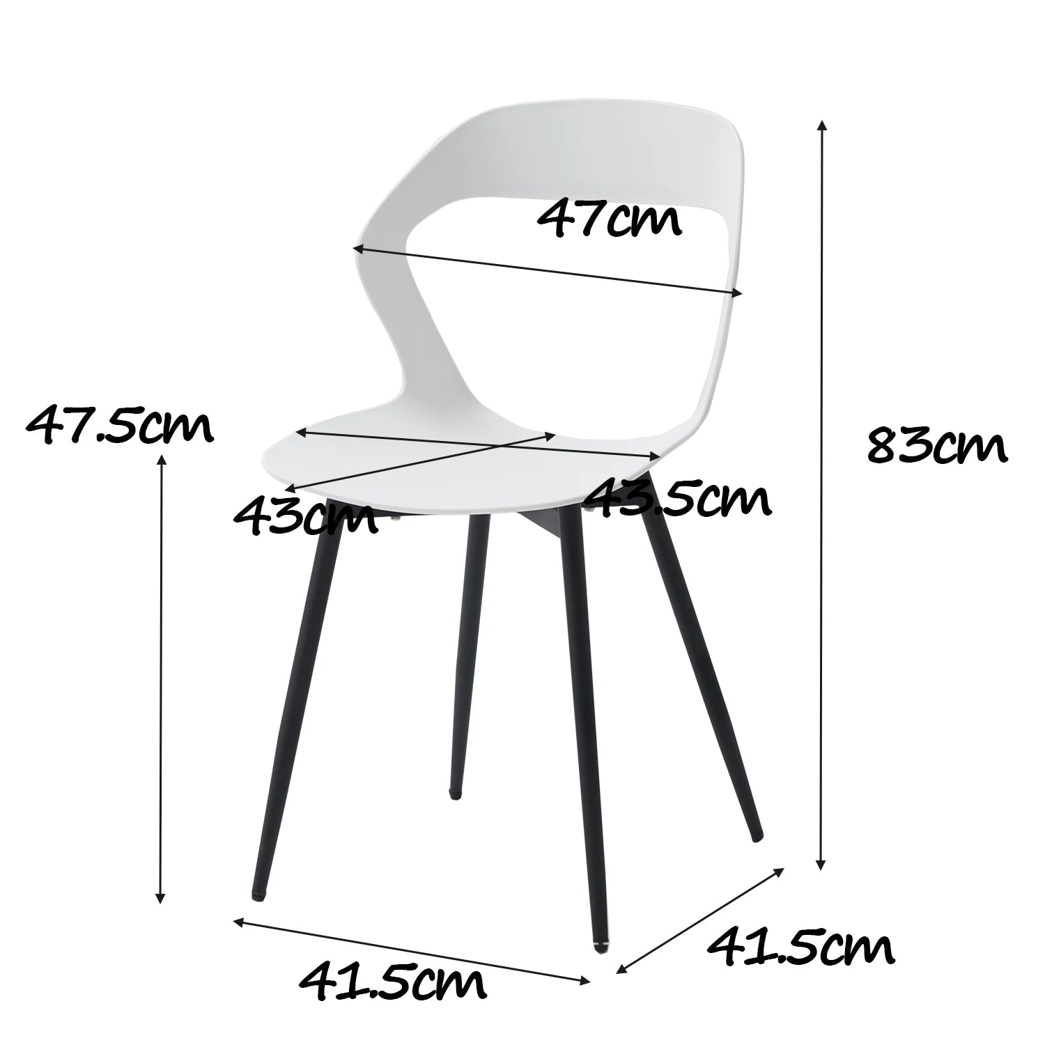Schéma avec dimensions d’une chaise contemporaine blanche, hauteur et largeur indiquées.