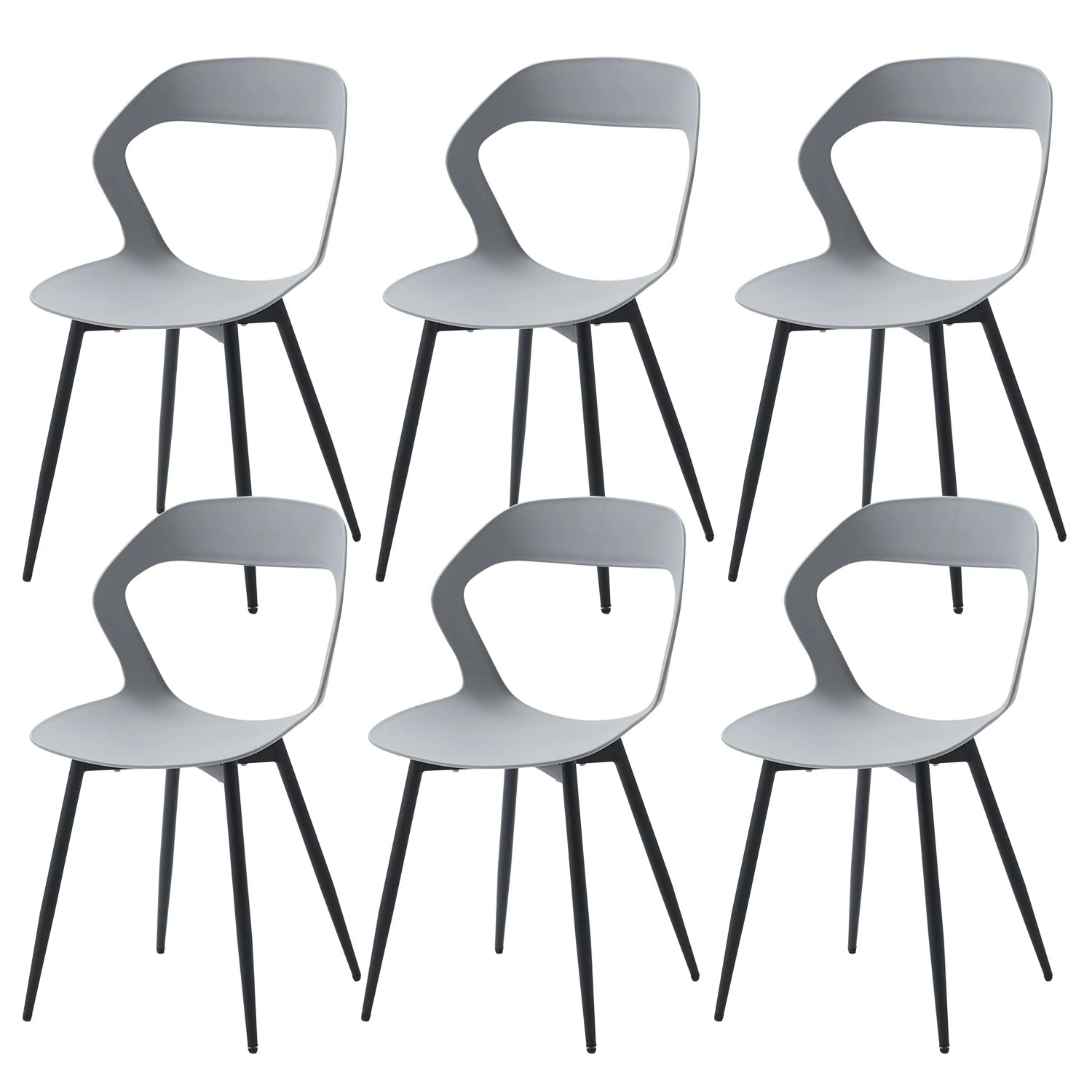 Ensemble de 6 chaises contemporaines grises avec dossier incurvé et pieds en métal noir.