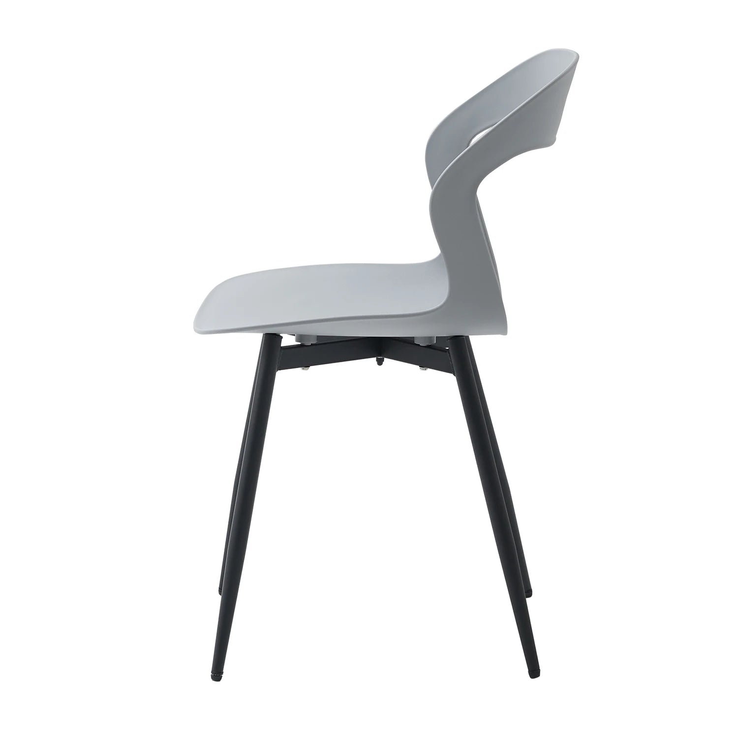 Vue latérale d’une chaise contemporaine grise avec assise ergonomique et structure en métal robuste.