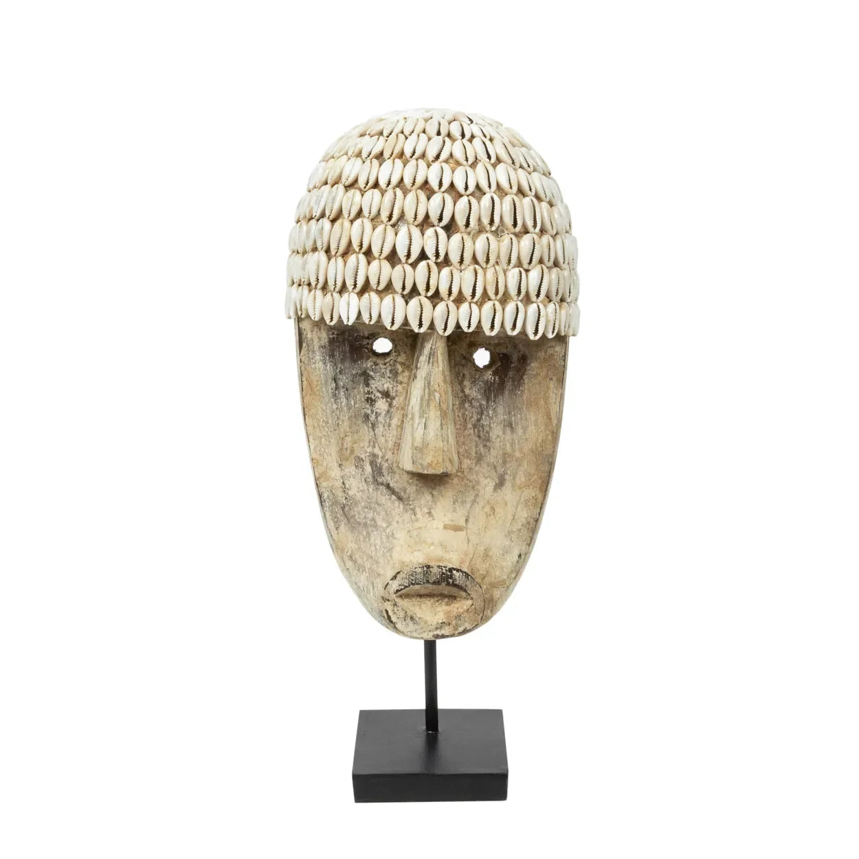 Masque africain en bois avec coquillages sur support de 40 cm décoration artisanale