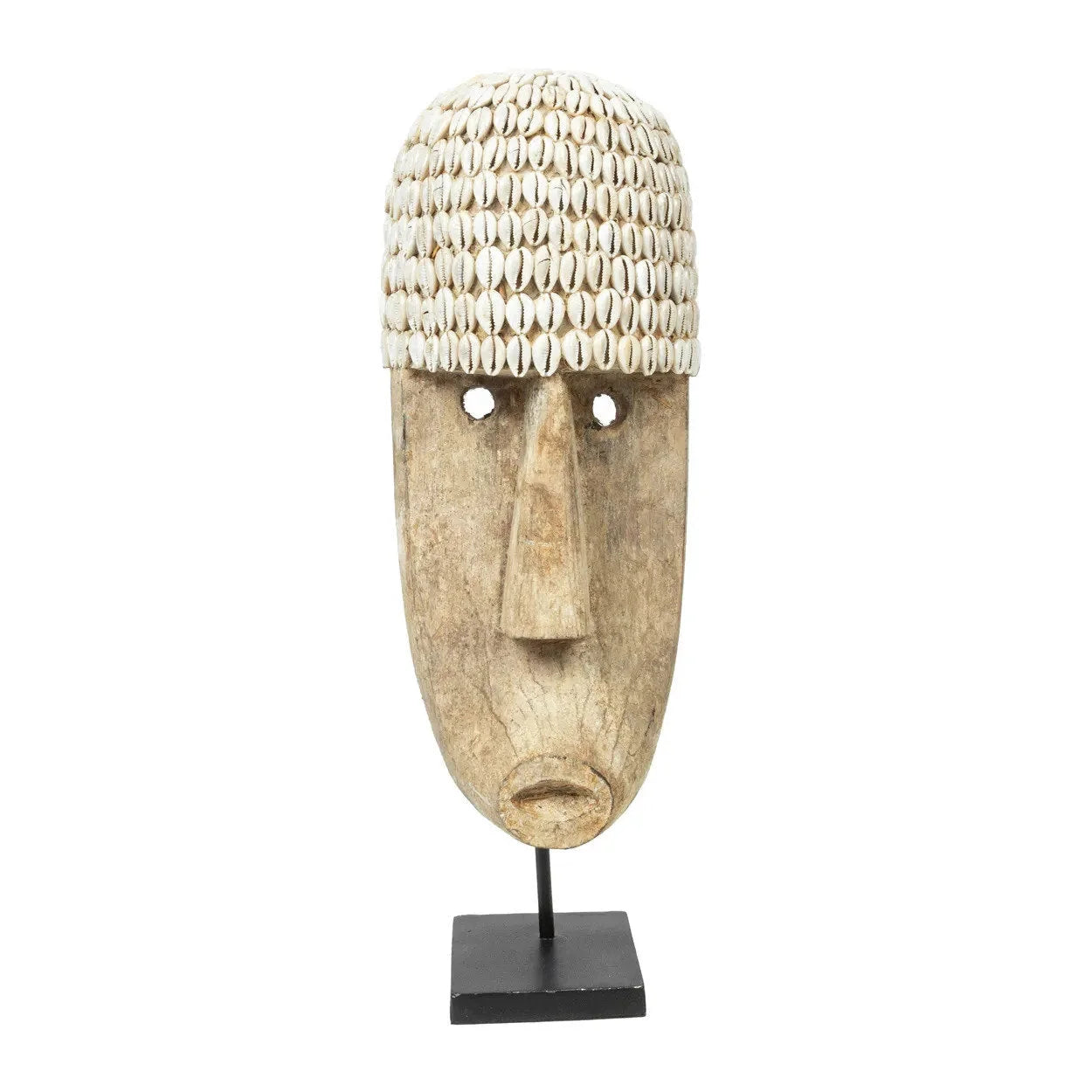 Masque décoratif en coquillages beige sur socle, H50 cm