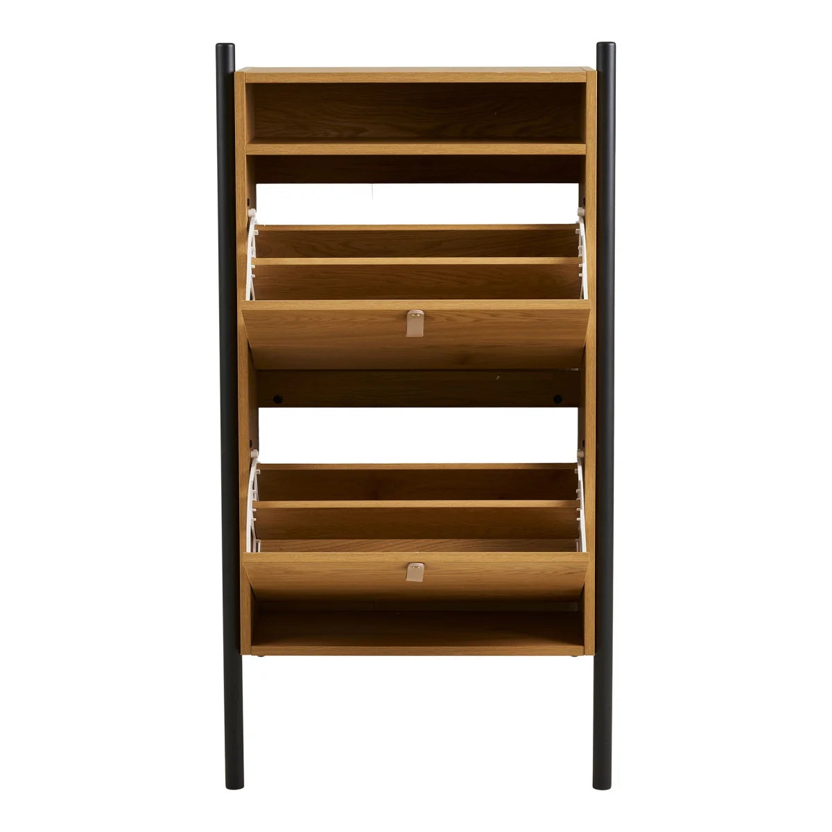 Étagère en bambou et métal noir avec tiroirs coulissants pour chaussures et rangement