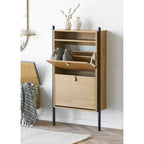 Meuble à chaussures en bois et métal avec niche ouverte et poignées noires