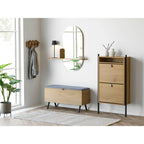 Banc de rangement en bois et métal avec coussin bleu et design moderne