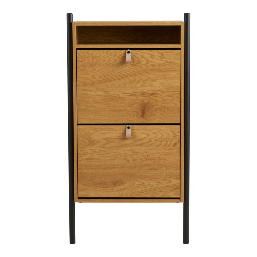 Table de nuit moderne en chêne fini avec 2 tiroirs, pieds métal noir et poignées cuir