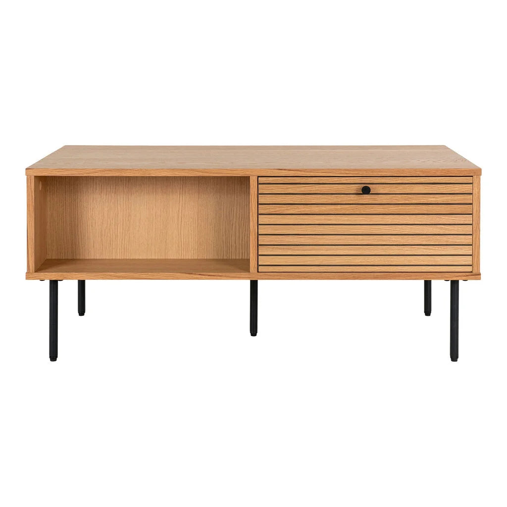 Meuble TV bas en bois clair avec tiroir à lattes et niche, 100x50 cm