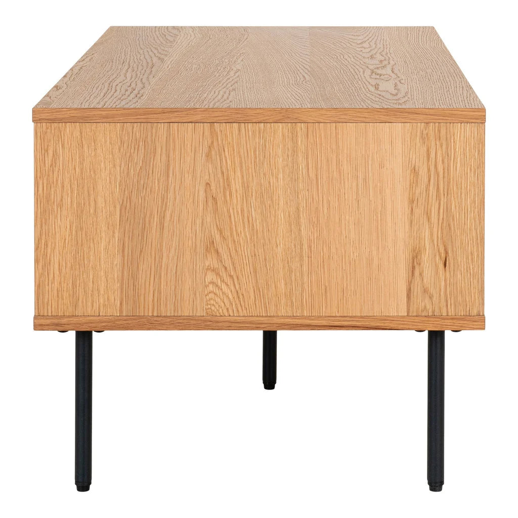 Console en bois clair avec jambes en métal noir, idéale pour Meuble TV bas