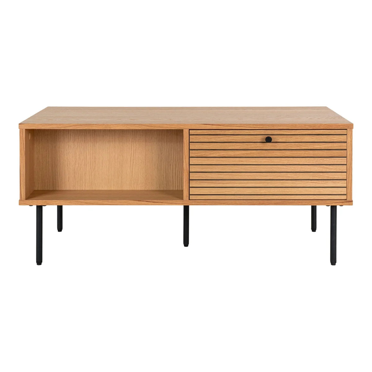 Table basse en bois clair de chêne avec tiroir à lattes, niche ouverte et pieds métalliques noirs, 100x50 cm