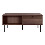 Table basse en bois fumé et métal noir, niche et lattes, 100x50 cm