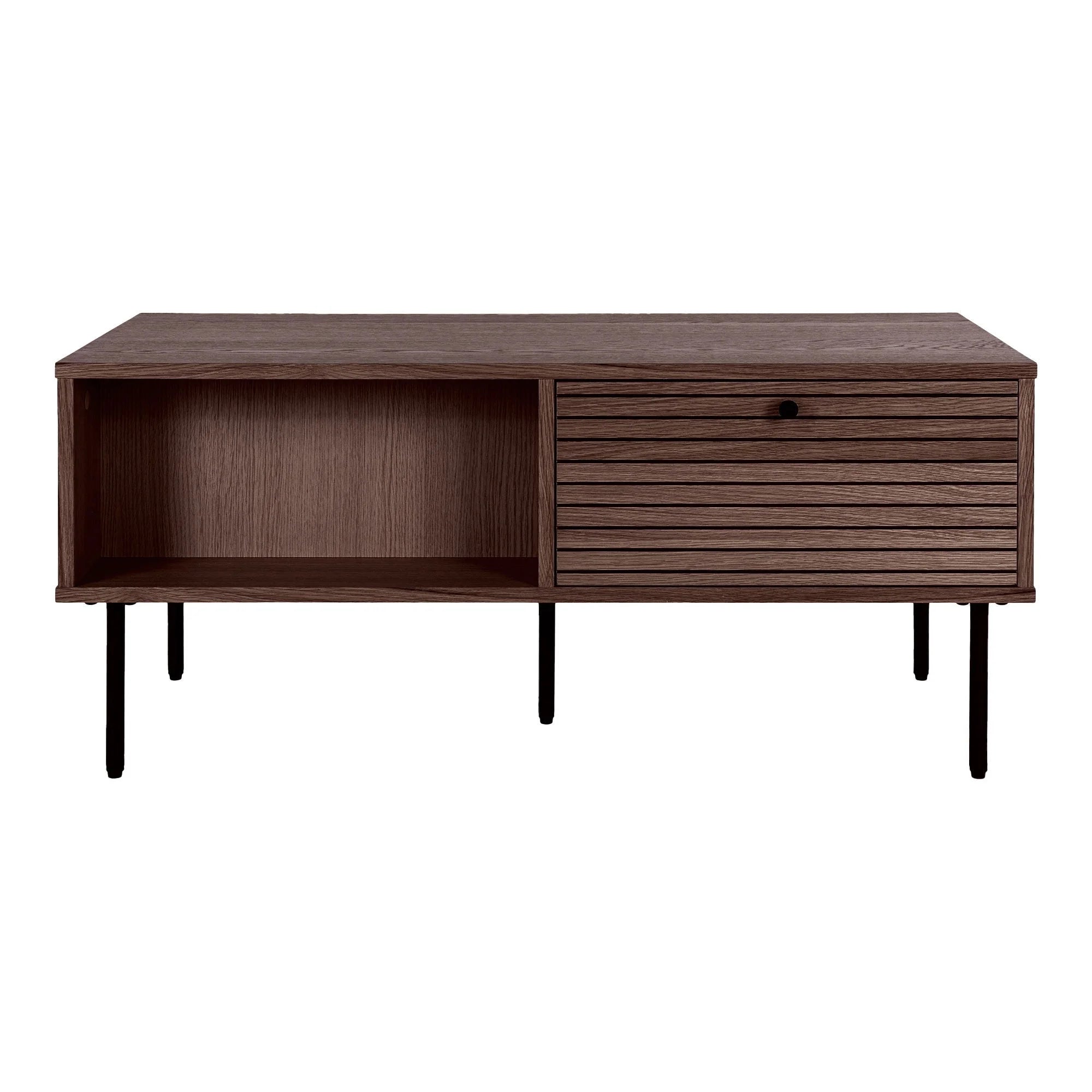 Meuble TV bas en bois fumé avec niche et façade à lattes, support en métal noir