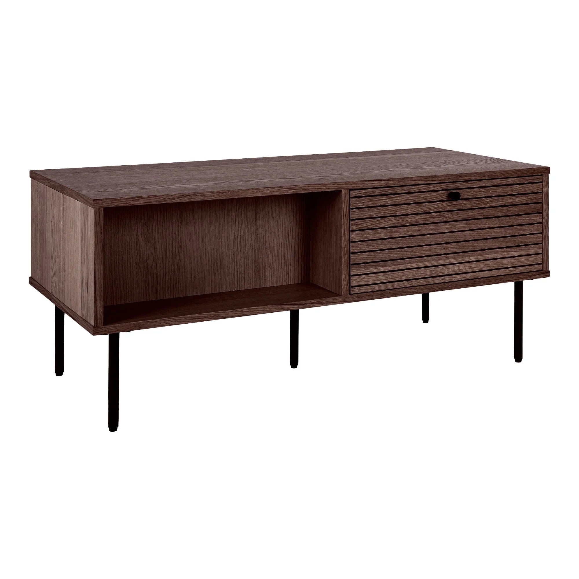 Console TV en bois fumé et métal noir avec niche et façade à lattes, 100x50 cm