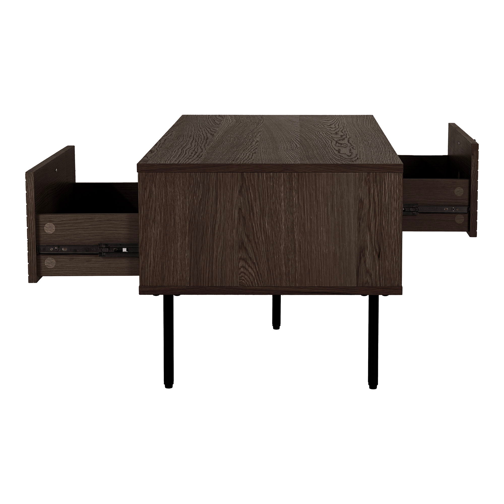 Table basse en bois fumé et métal noir, 100x50 cm, avec tiroirs et niche