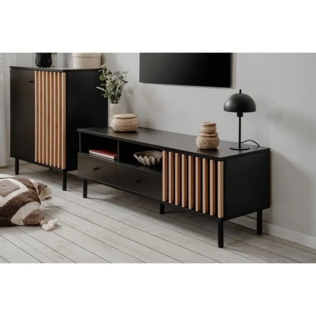 Meuble TV bas noir et bois à lattes, 138x40 cm, design moderne minimaliste