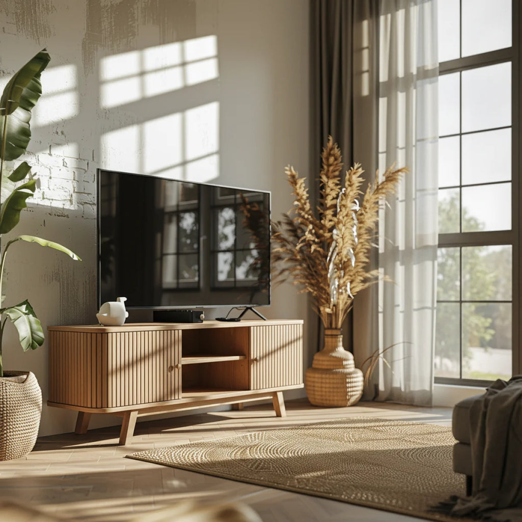 Meuble TV en bois clair avec portes rainurées verticales et étagères ouvertes