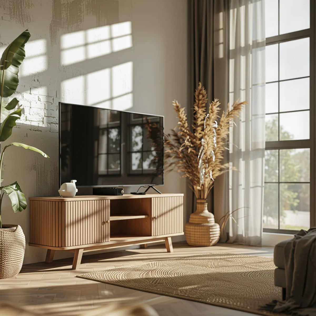 Meuble TV en bois clair avec portes rainurées verticales et étagères ouvertes