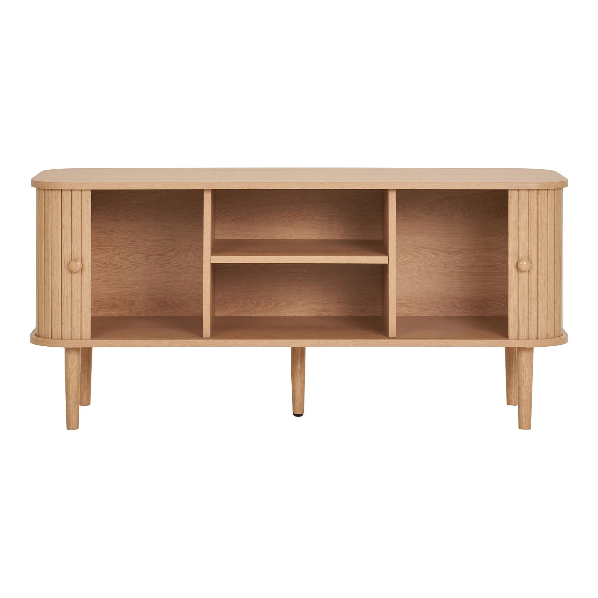 Console média en bois clair avec portes rainurées verticales et pieds fins