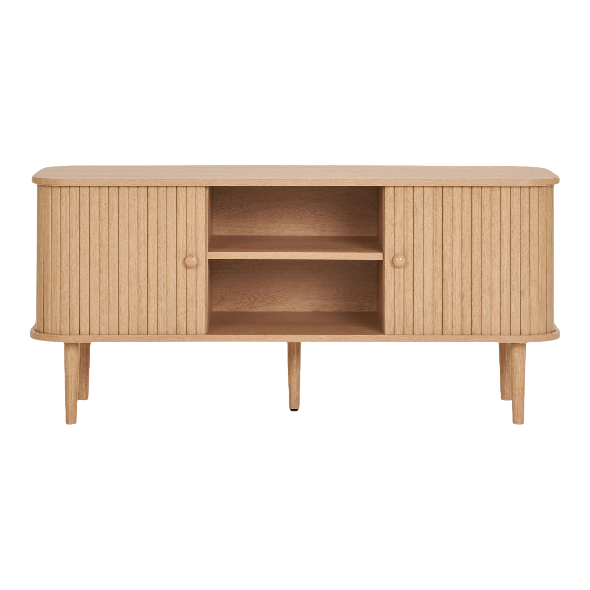 Meuble TV en bois clair avec portes à rainures verticales et fins pieds