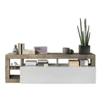 Meuble TV en bois clair et blanc laqué avec rangements ouverts, design moderne