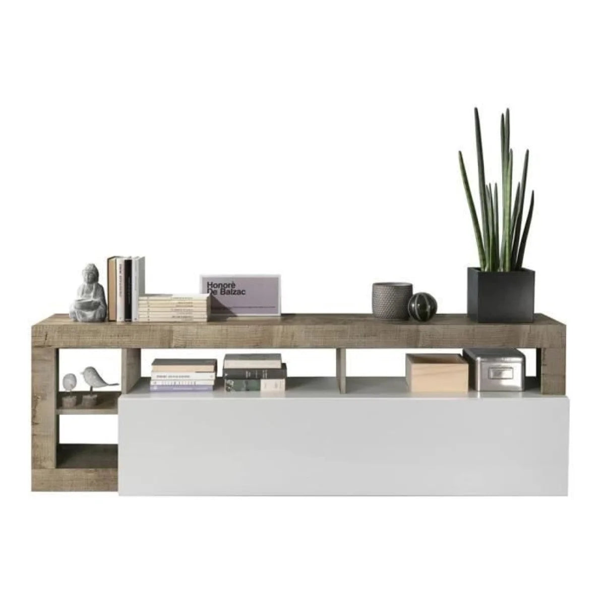 Meuble TV en bois clair et blanc laqué avec rangements ouverts, design moderne