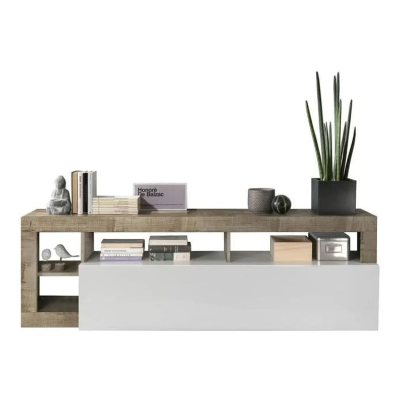Meuble TV bois clair et blanc laqué avec rangements ouverts – 184x42 cm