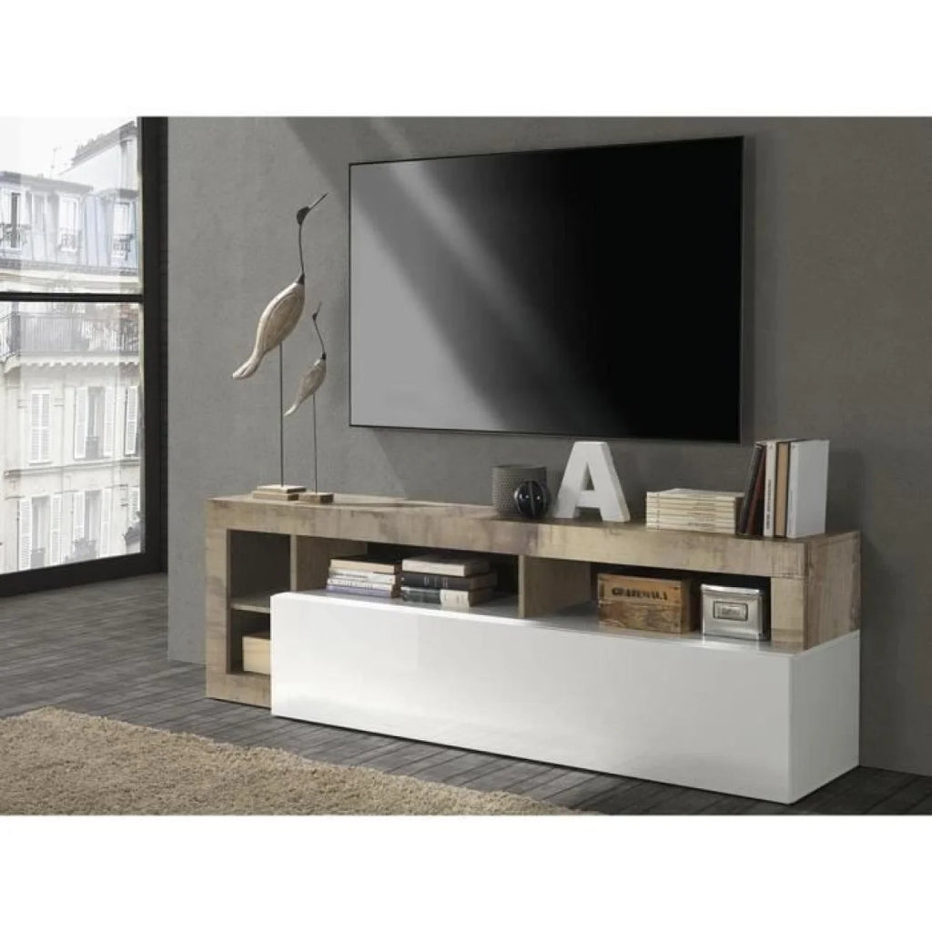 Meuble TV en bois clair et blanc laqué avec rangements ouverts, 184x42 cm