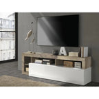 Meuble TV en bois clair et blanc laqué avec rangements ouverts, 184x42 cm
