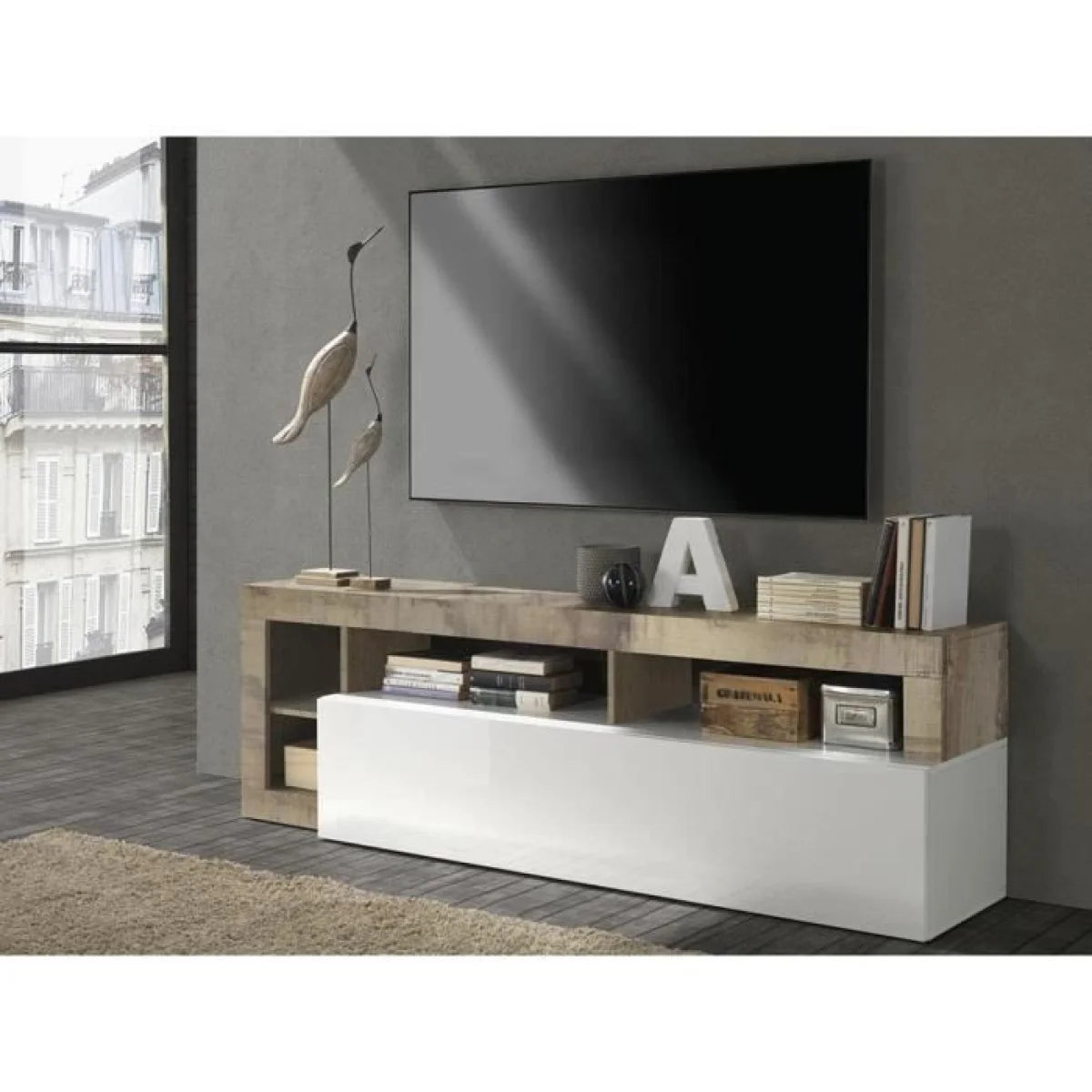 Meuble TV en bois clair et blanc laqué avec rangements ouverts, 184x42 cm