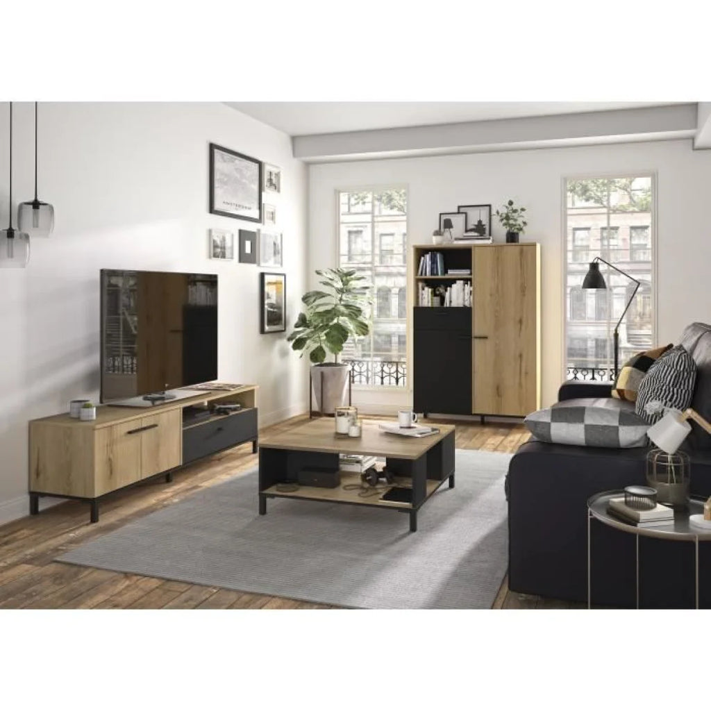 Table basse moderne en chêne clair avec pieds en métal noir et plateau en verre