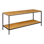 Console en bois naturel et métal noir avec deux niveaux et étagères pour salon