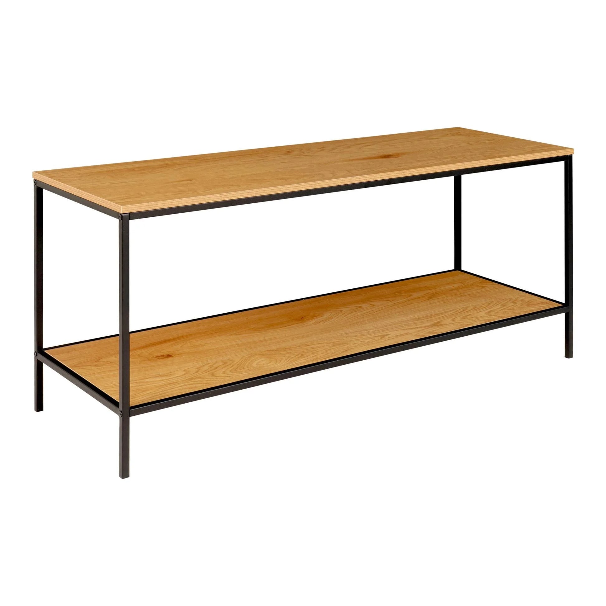 Console en bois naturel et métal noir avec deux niveaux et étagères pour salon