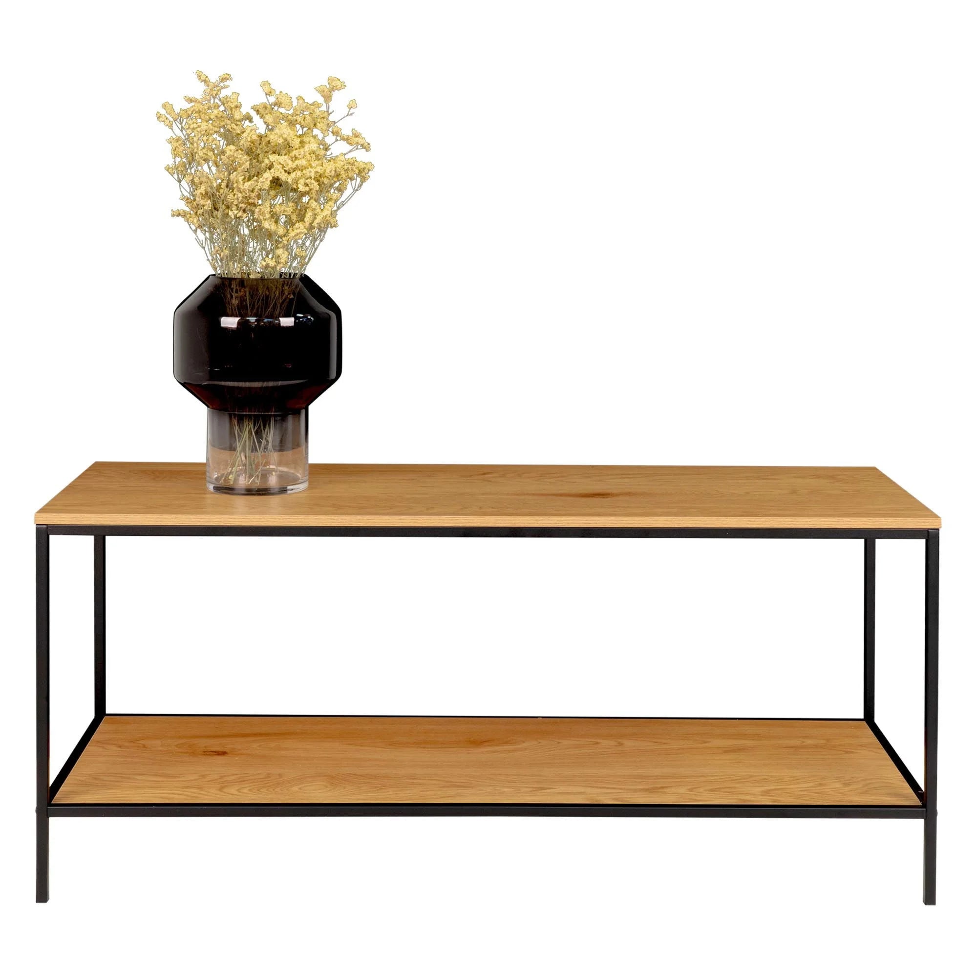 Console en bois naturel et métal noir avec vase, dimensions 100x36 cm