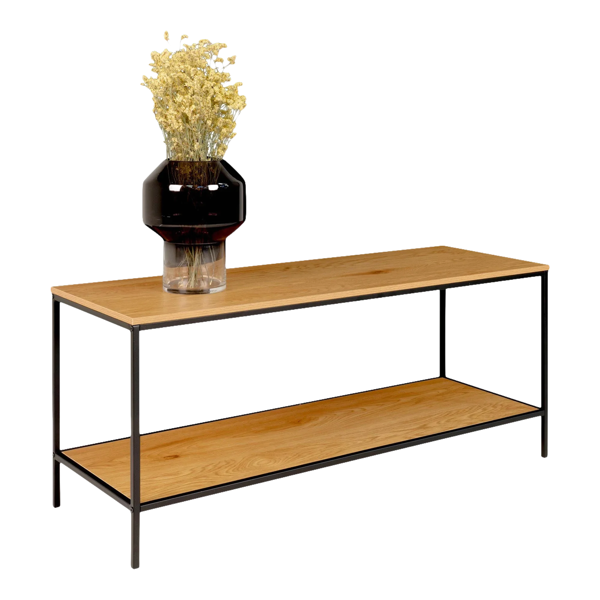 Console en bois naturel et métal noir avec vase, dimensions 100x36 cm